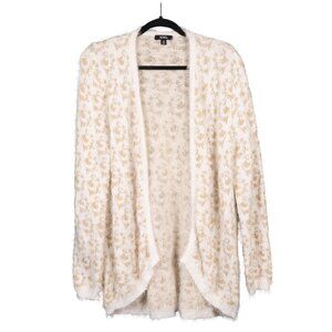 Xoxo Fuzzy Leopard Print Cardigan Sweater XL White Gold Eyelash Long Lurex